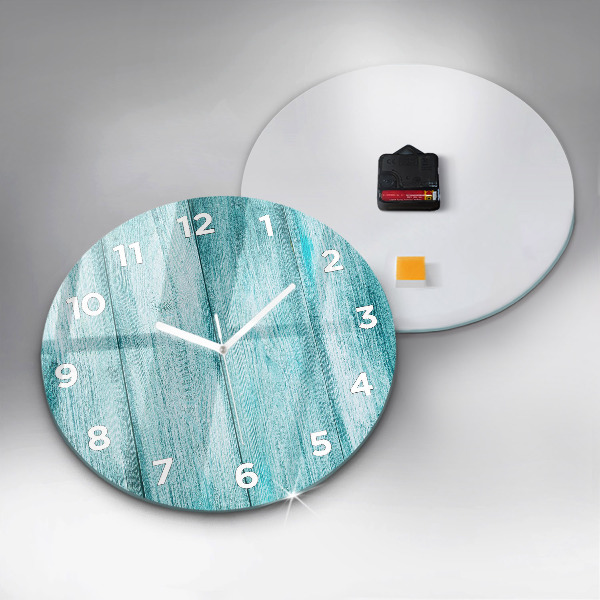 Round glass wall clock Blue old wood