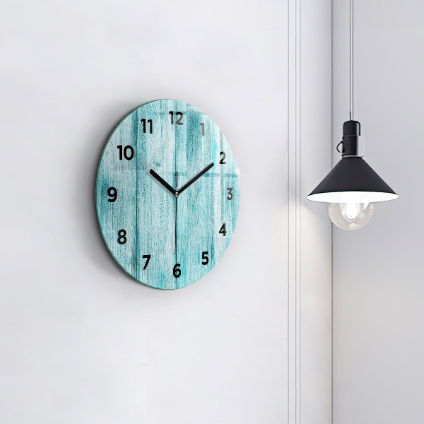 Round glass wall clock Blue old wood