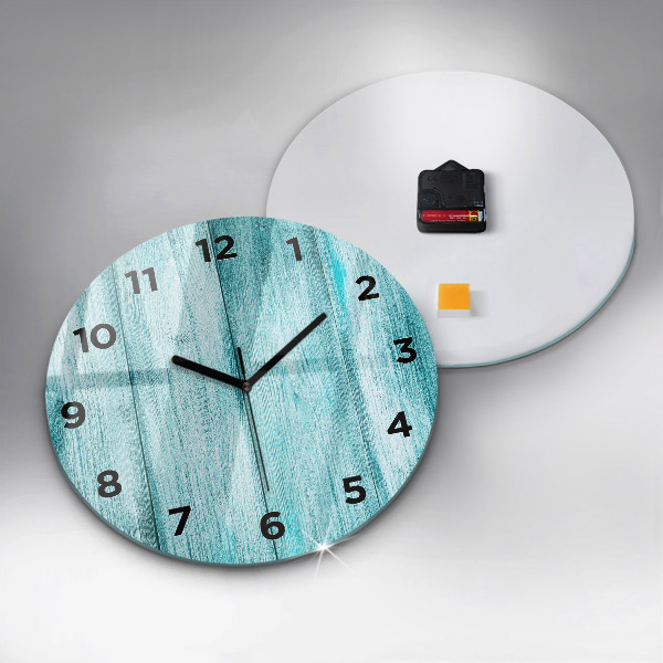 Round glass wall clock Blue old wood