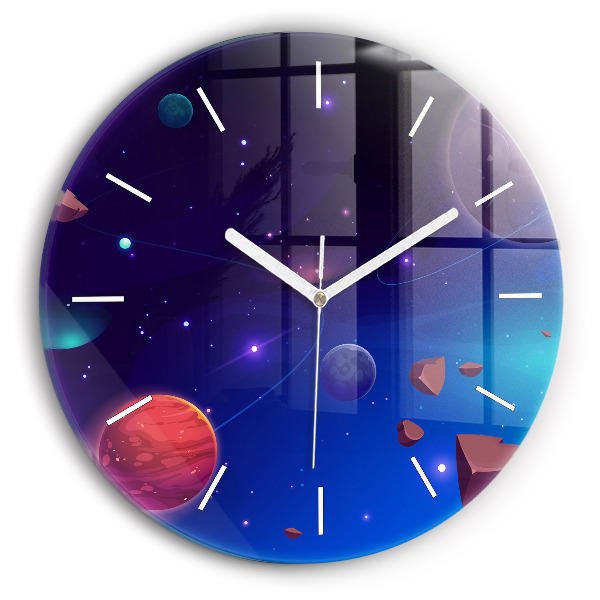 Round glass wall clock Planets galaxy