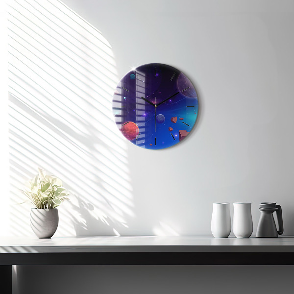 Round glass wall clock Planets galaxy