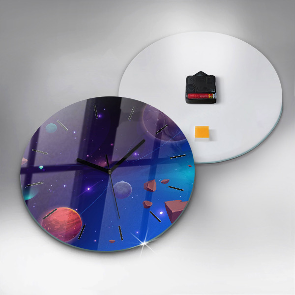 Round glass wall clock Planets galaxy