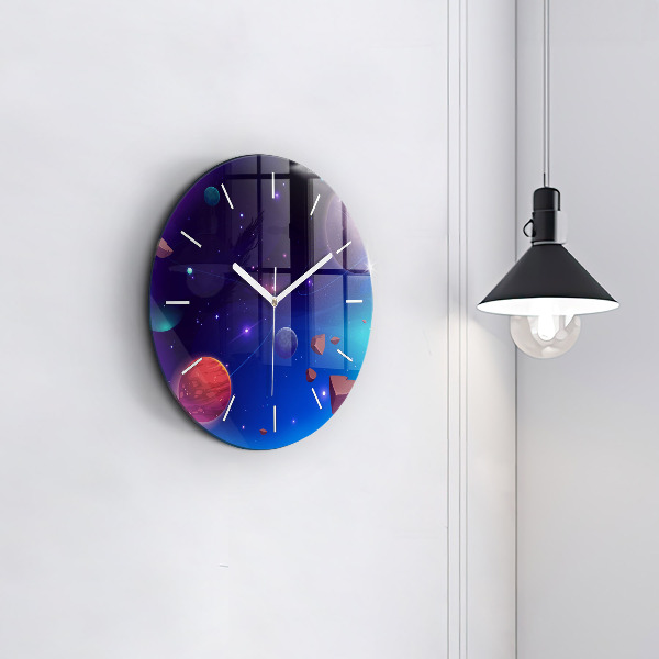 Round glass wall clock Planets galaxy