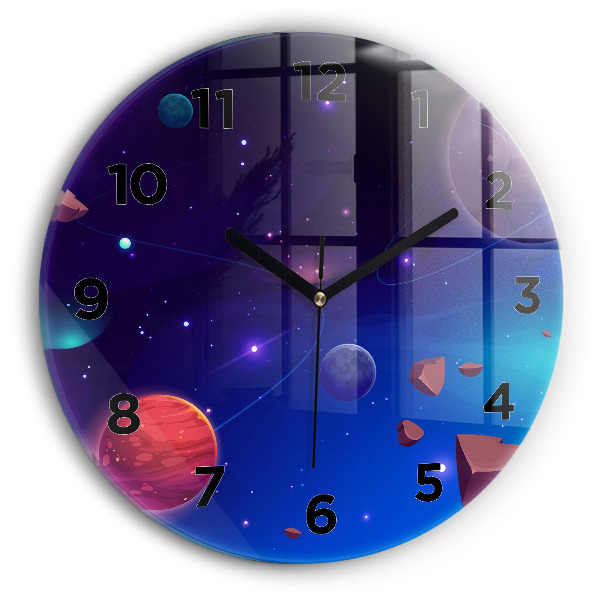 Round glass wall clock Planets galaxy