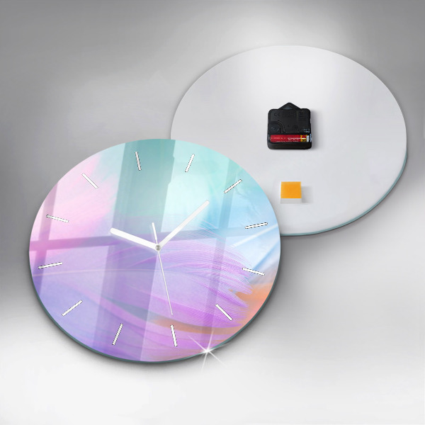 Round glass wall clock Colorful feathers