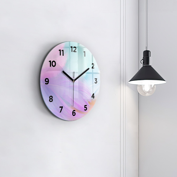 Round glass wall clock Colorful feathers