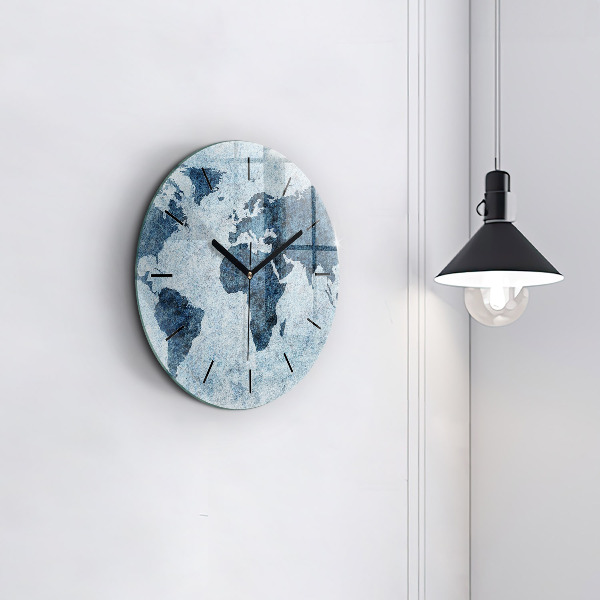 Round glass wall clock Painted world map