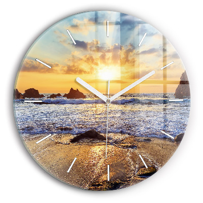 Round glass wall clock Sunset on the beach
