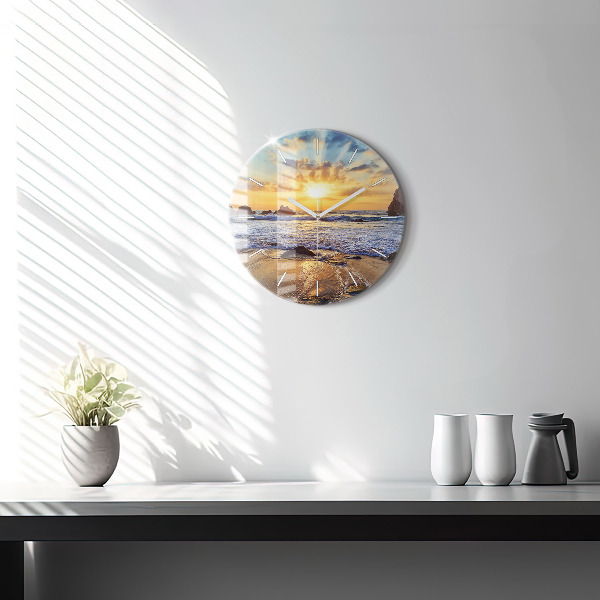 Round glass wall clock Sunset on the beach
