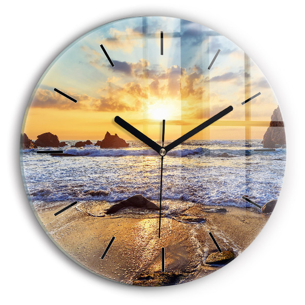 Round glass wall clock Sunset on the beach
