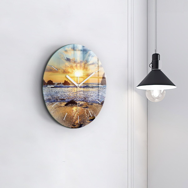 Round glass wall clock Sunset on the beach