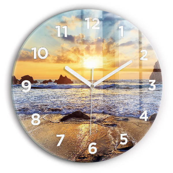Round glass wall clock Sunset on the beach