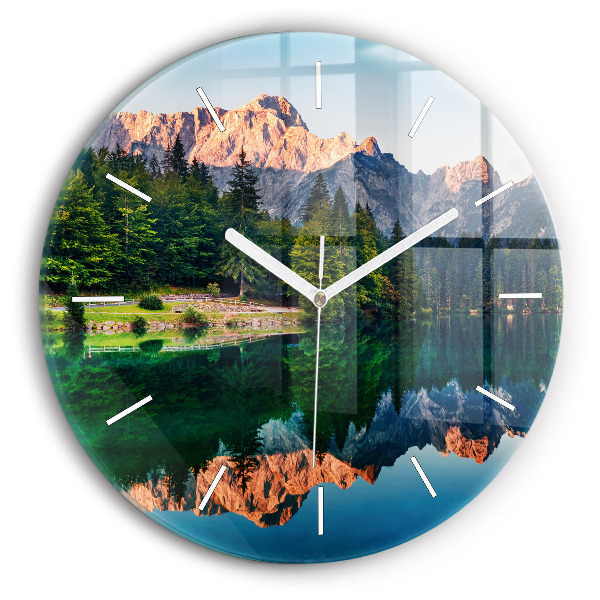 Round glass wall clock Lake landscape