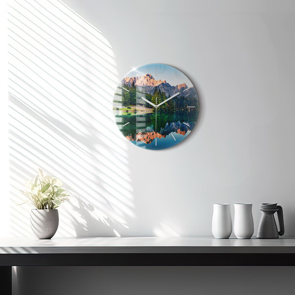 Round glass wall clock Lake landscape