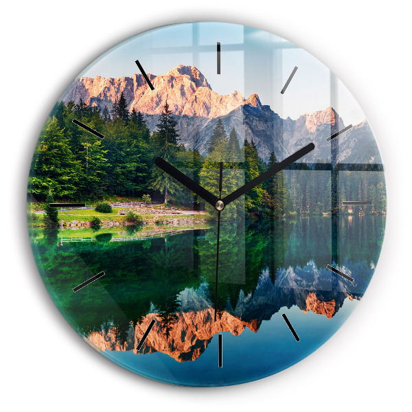 Round glass wall clock Lake landscape