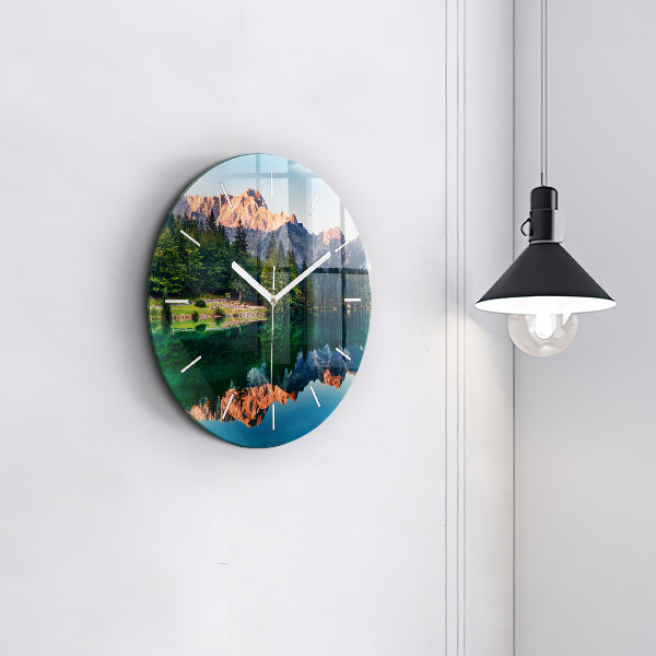 Round glass wall clock Lake landscape