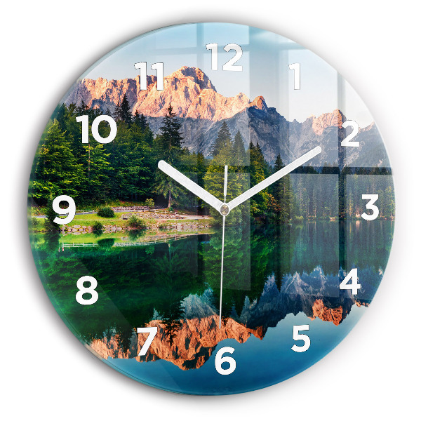 Round glass wall clock Lake landscape