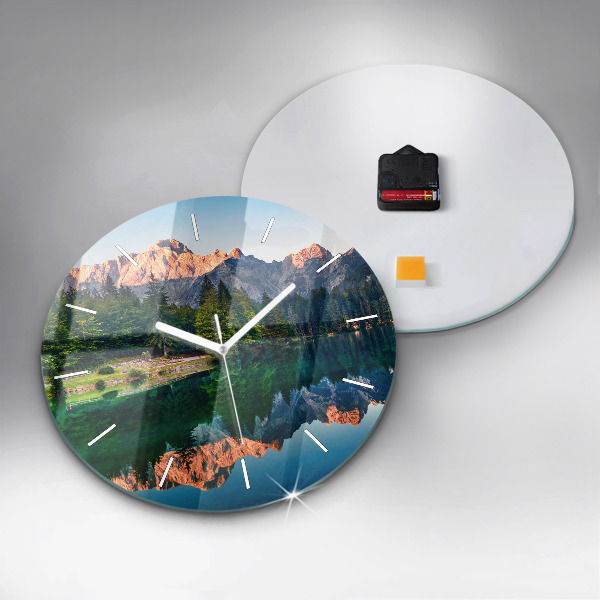 Round glass wall clock Lake landscape