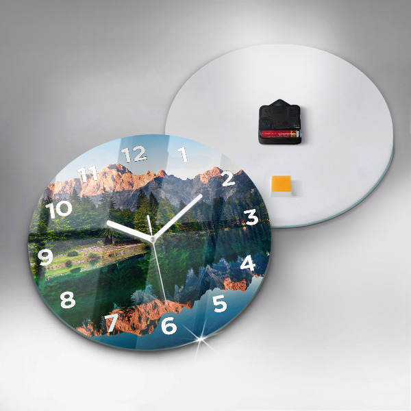 Round glass wall clock Lake landscape
