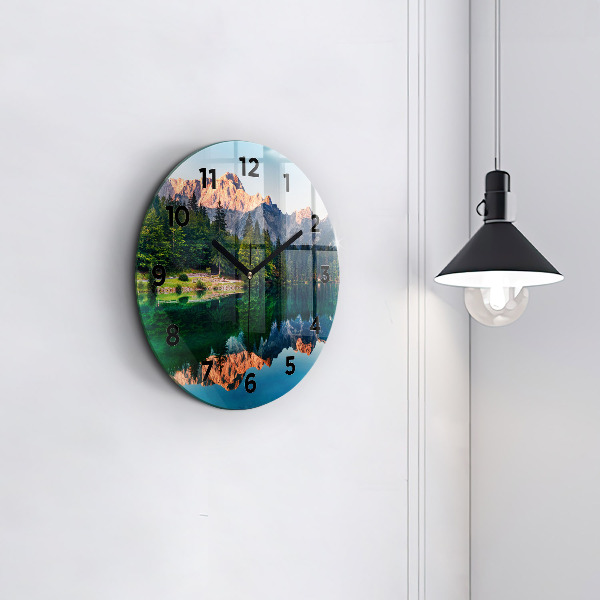 Round glass wall clock Lake landscape