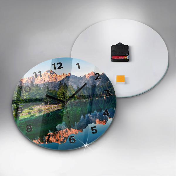 Round glass wall clock Lake landscape
