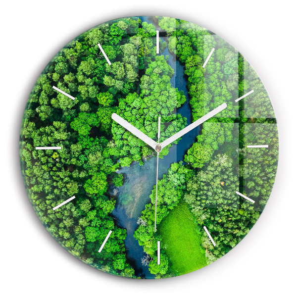 Round glass wall clock River in the forest
