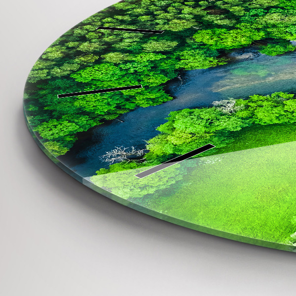 Round glass wall clock River in the forest