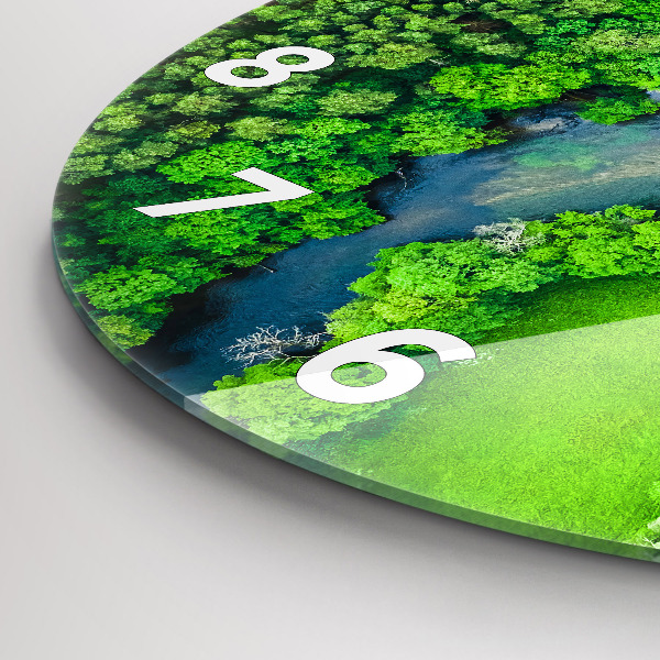 Round glass wall clock River in the forest