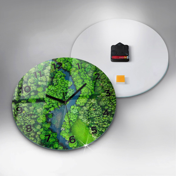 Round glass wall clock River in the forest