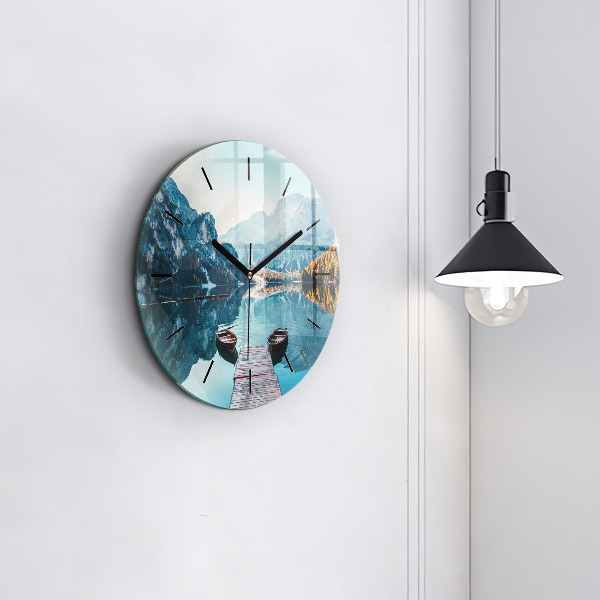Round glass wall clock Boats on the lake