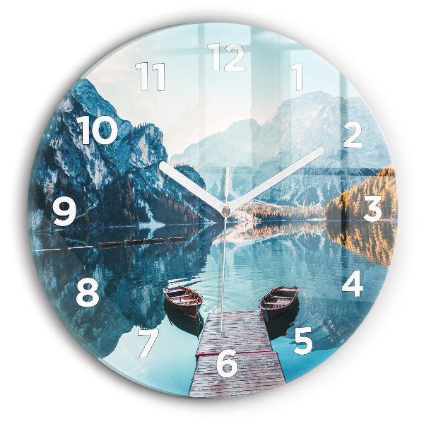 Round glass wall clock Boats on the lake