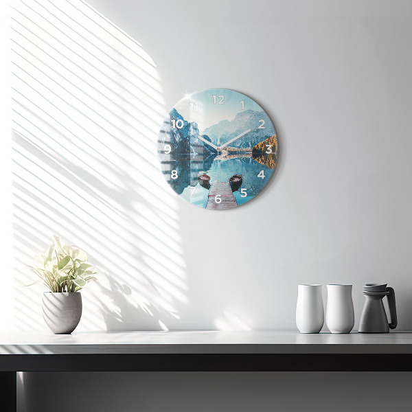 Round glass wall clock Boats on the lake
