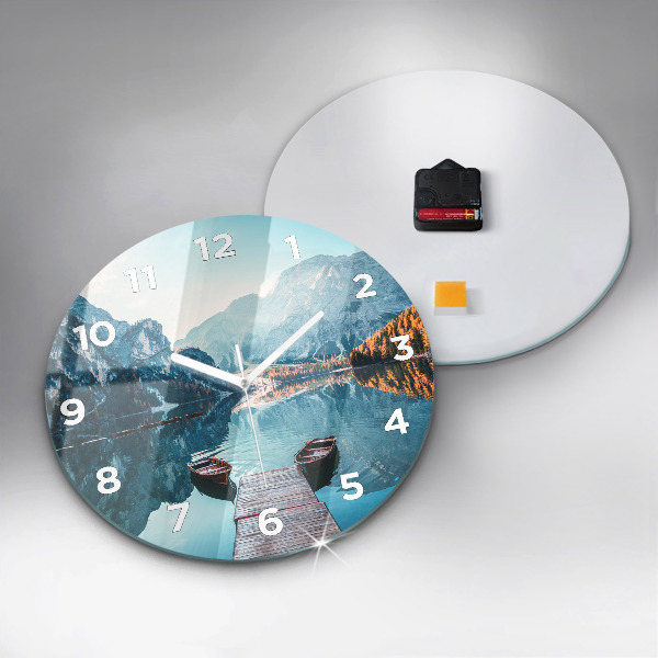 Round glass wall clock Boats on the lake