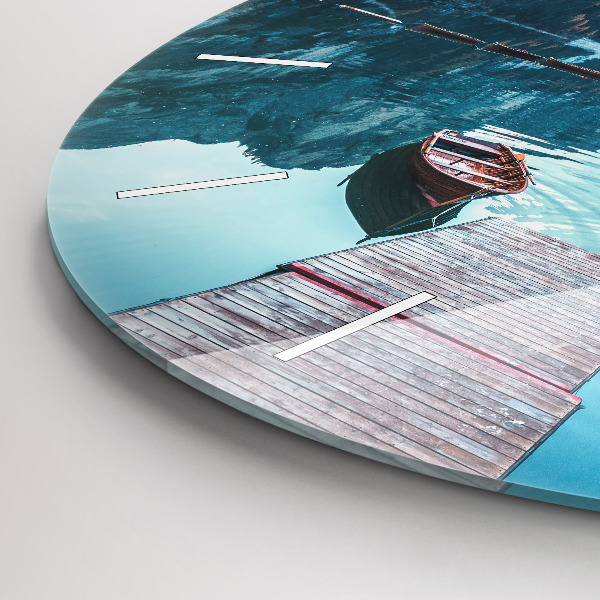 Round glass wall clock Boats on the lake