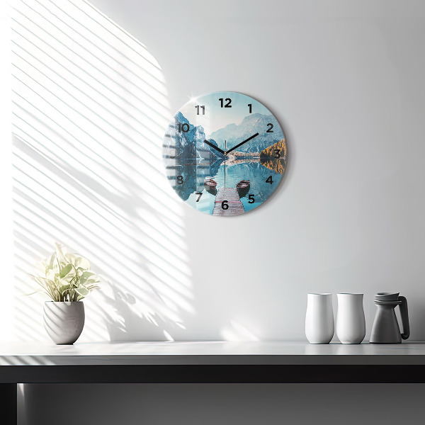 Round glass wall clock Boats on the lake