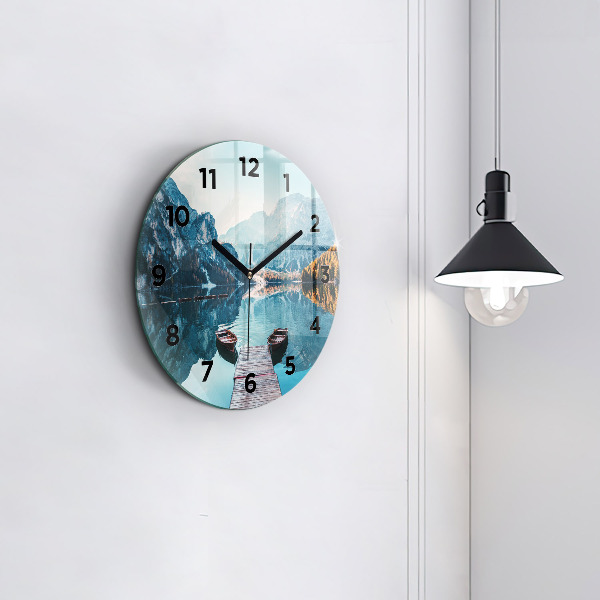 Round glass wall clock Boats on the lake