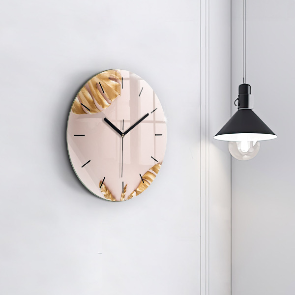 Round glass wall clock Golden tropical leaves