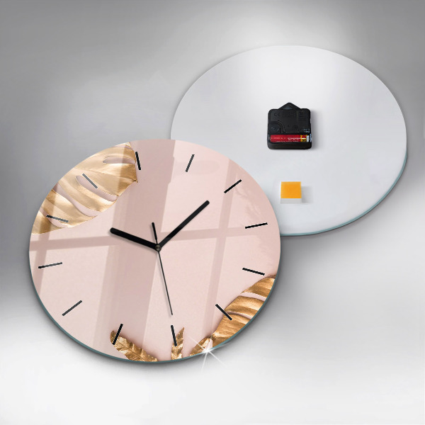 Round glass wall clock Golden tropical leaves
