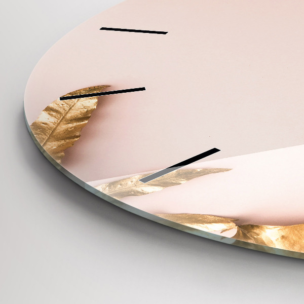 Round glass wall clock Golden tropical leaves