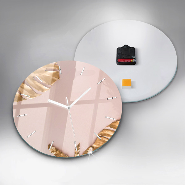 Round glass wall clock Golden tropical leaves