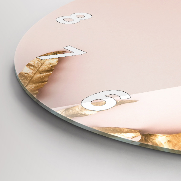 Round glass wall clock Golden tropical leaves