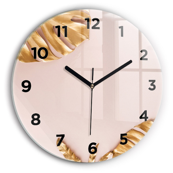 Round glass wall clock Golden tropical leaves