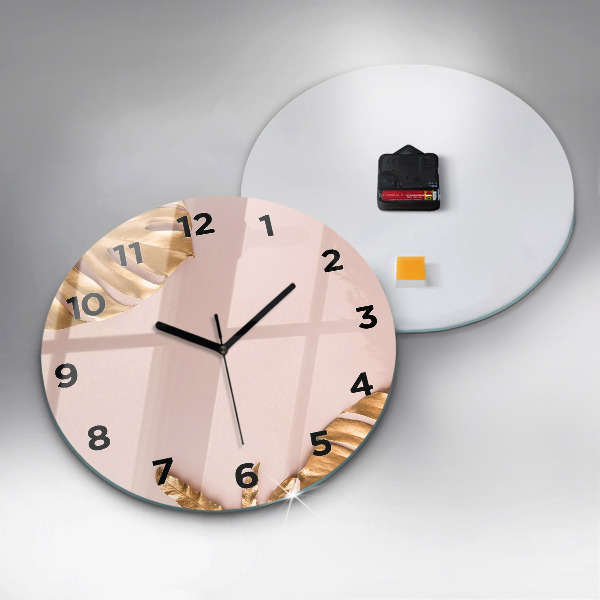 Round glass wall clock Golden tropical leaves