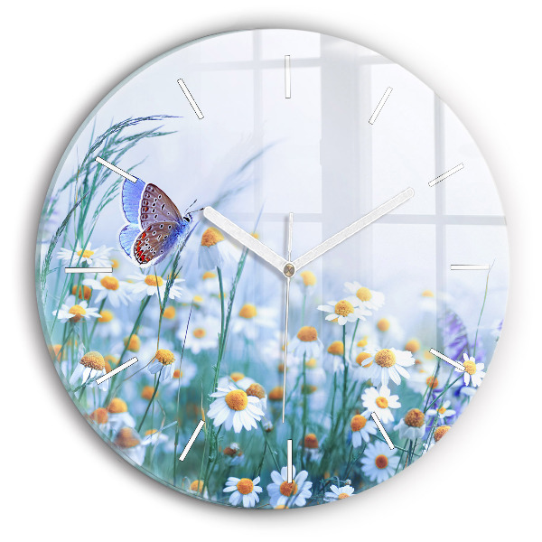 Round glass wall clock Butterfly in the meadow