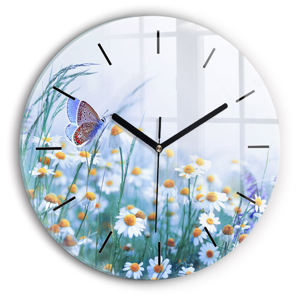 Round glass wall clock Butterfly in the meadow