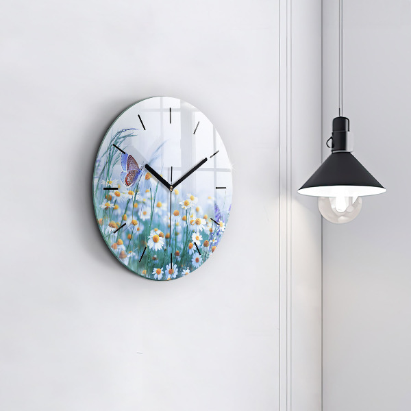 Round glass wall clock Butterfly in the meadow