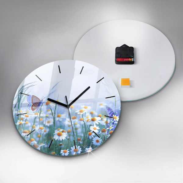 Round glass wall clock Butterfly in the meadow