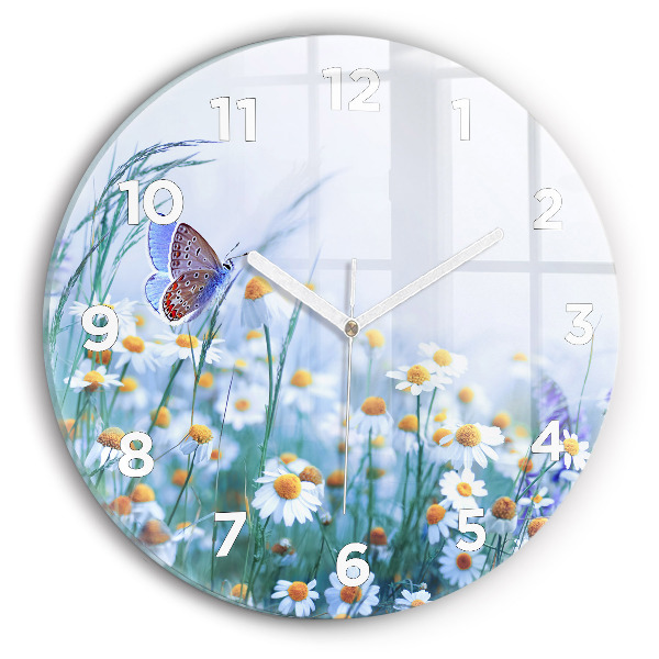 Round glass wall clock Butterfly in the meadow