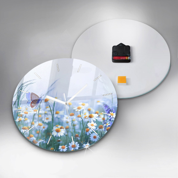 Round glass wall clock Butterfly in the meadow