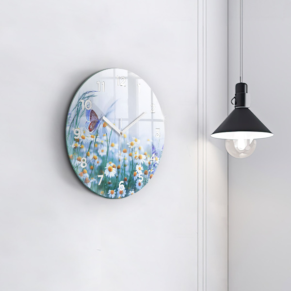 Round glass wall clock Butterfly in the meadow